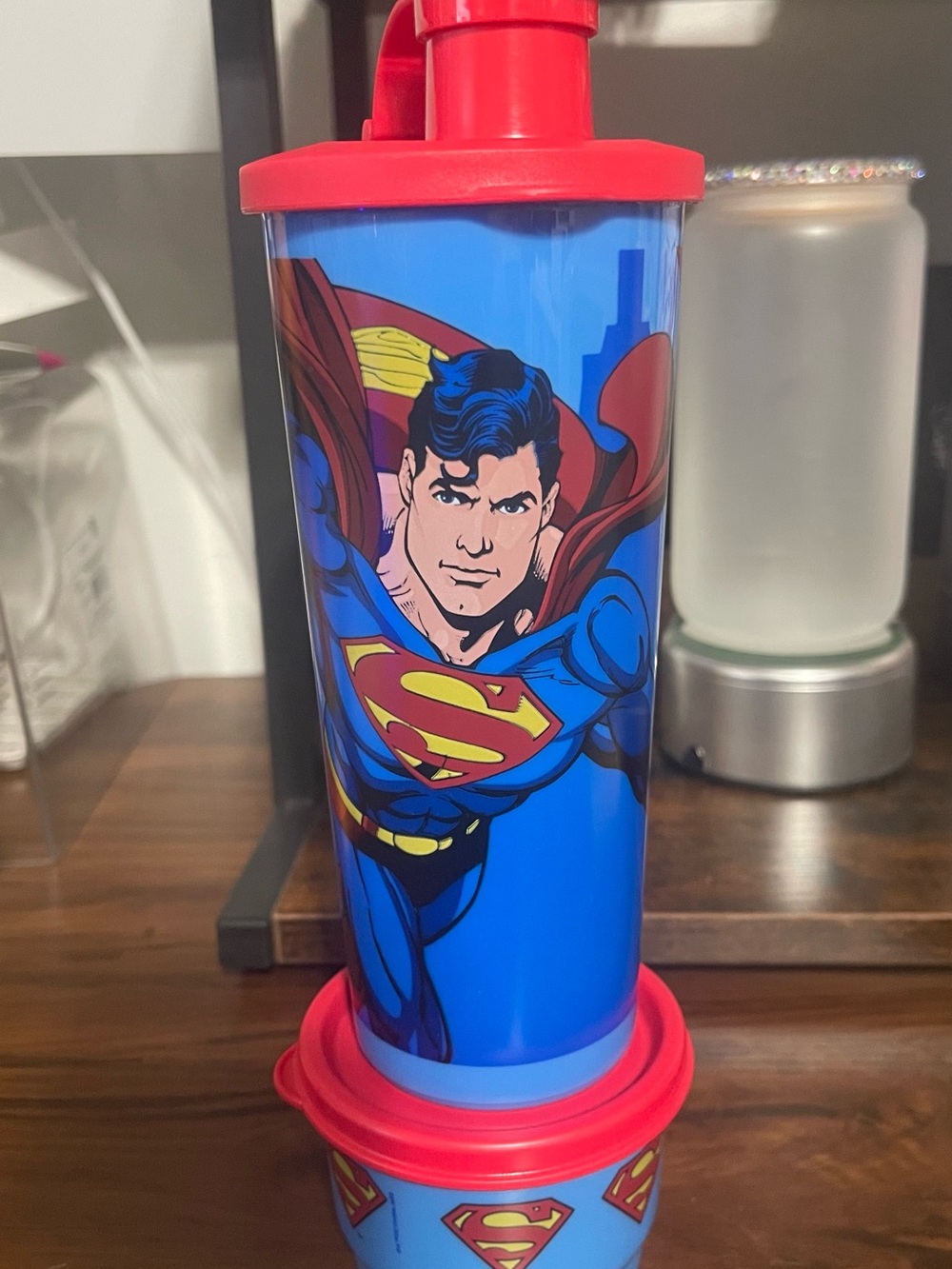 Tupperware DC Super Man Tumbler w/ lid and snack container w/ lid